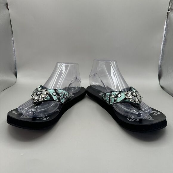 Cowgirl Jewels Rhinestone Turquoise Black Leather Flip Flop Sandals Size 8 - Picture 5 of 9